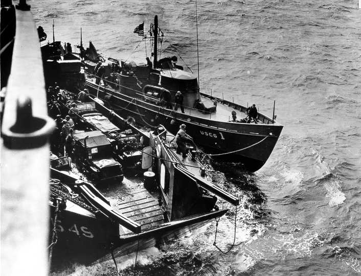 83-foot Coast Guard cutter USCG 1 off Omaha Beach on the morning of D-Day. 83-foot Coast Guard cutter USCG 1 off Omaha Beach on the morning of D-Day.